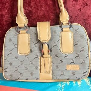 GUOBAO New York Beige Gray Logo Satchel Top Handle Bag Women's Buckle Accent